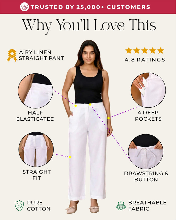 White Solid Straight Pants