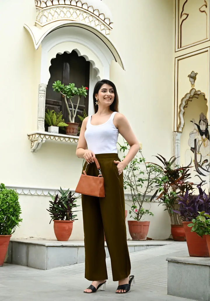 Deeep Olive Airy Linen Wide leg Pants
