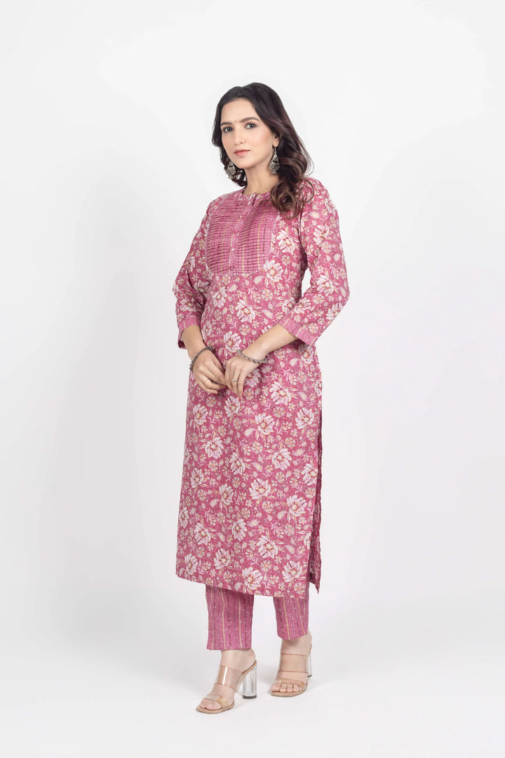 Peach Gold Print Kurti Set