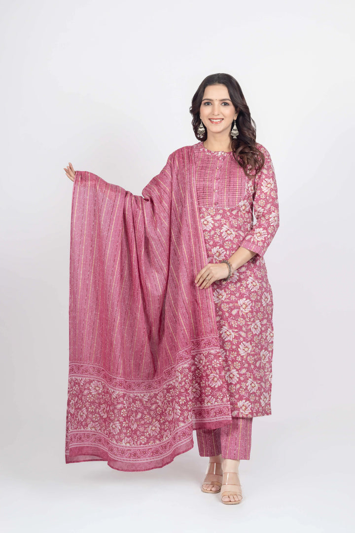 Peach Gold Print Kurti Set