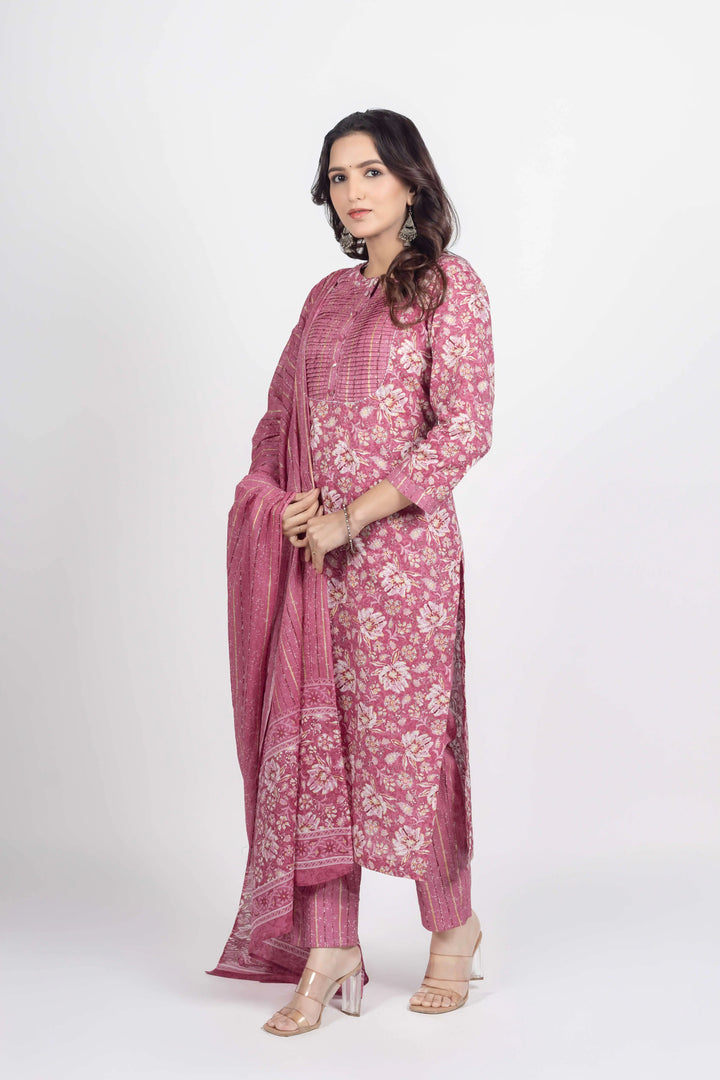 Peach Gold Print Kurti Set
