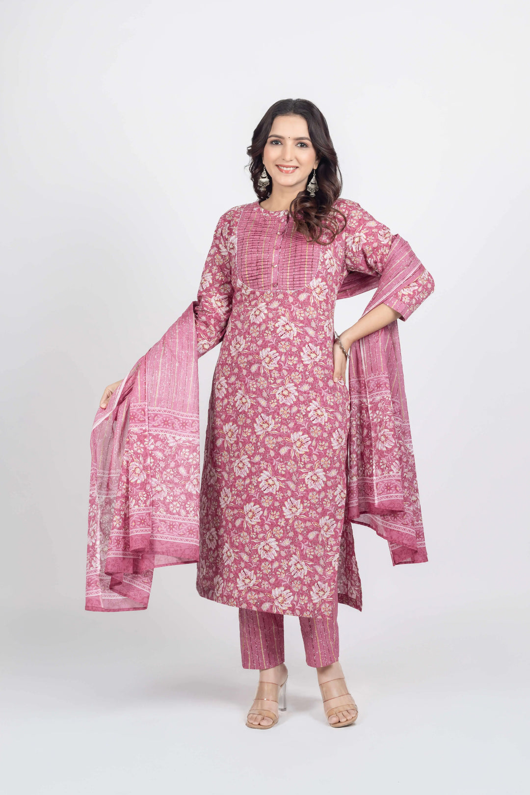 Peach Gold Print Kurti Set