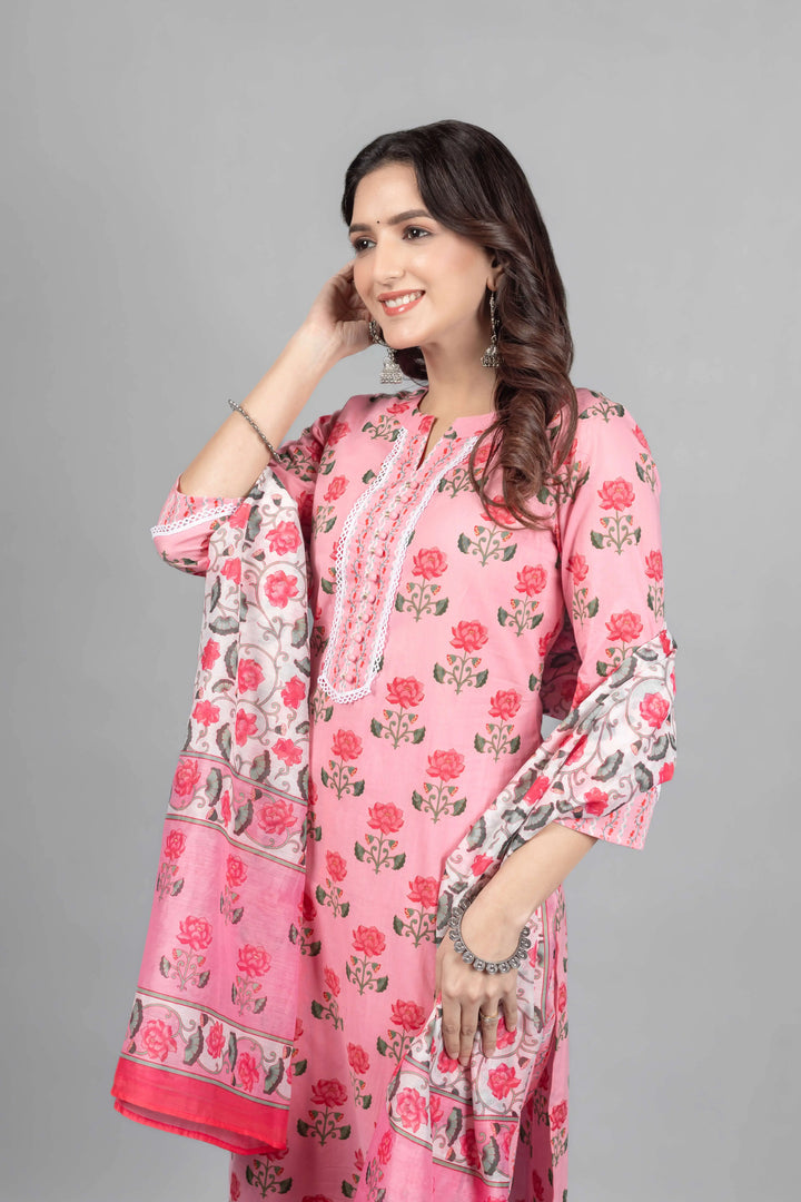 Pink Lotus Print Kurti Set