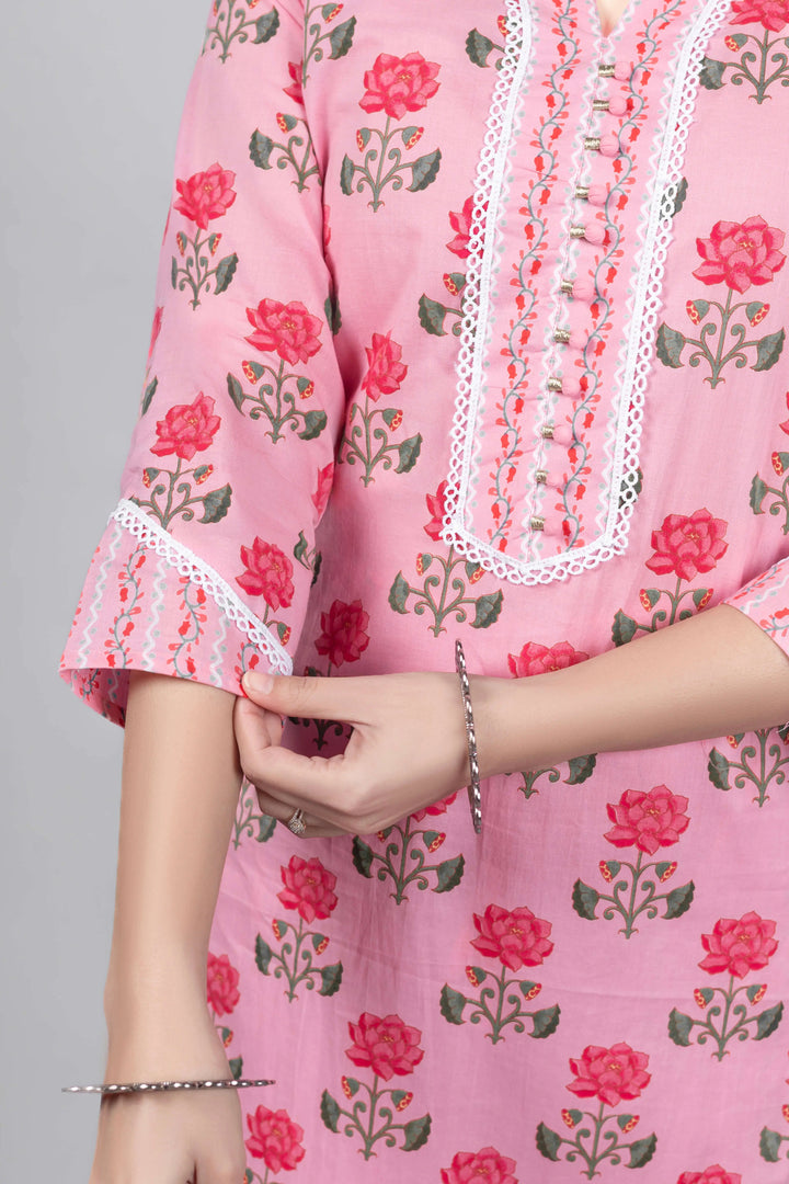 Pink Lotus Print Kurti Set