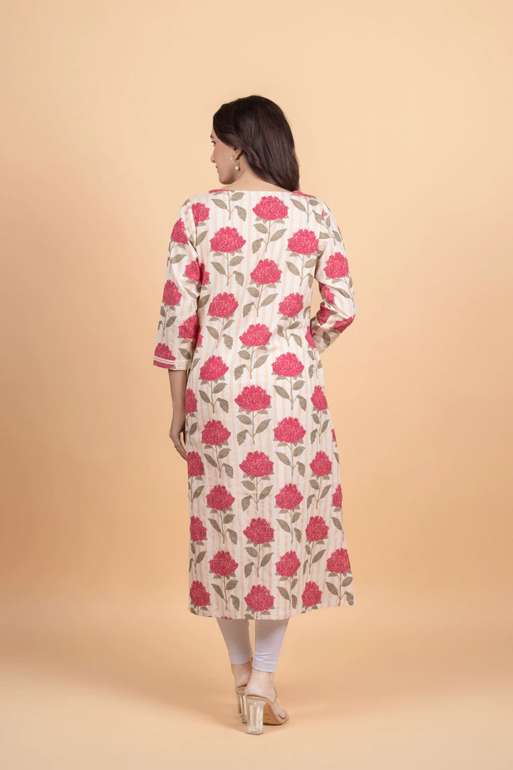 Cream Striped Flower Print Kurti