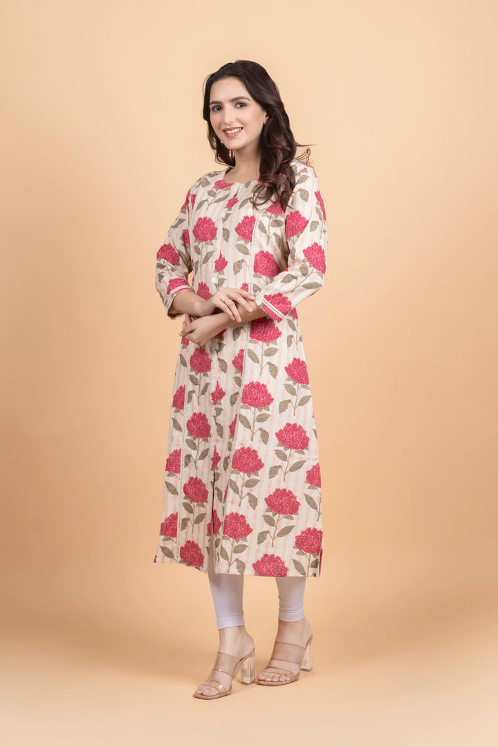 Cream Striped Flower Print Kurti