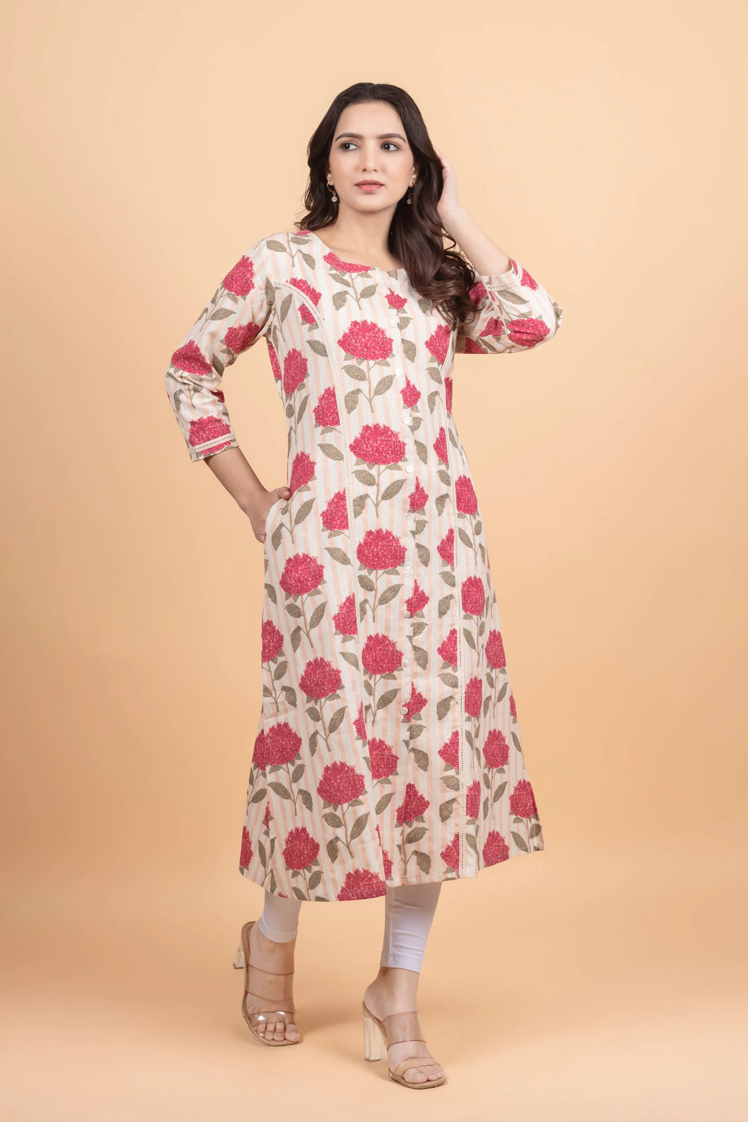 Cream Striped Flower Print Kurti