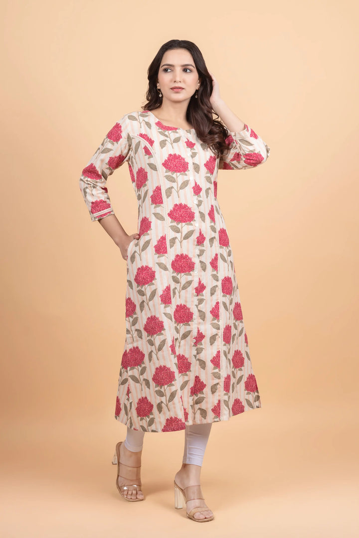 Cream Striped Flower Print Kurti