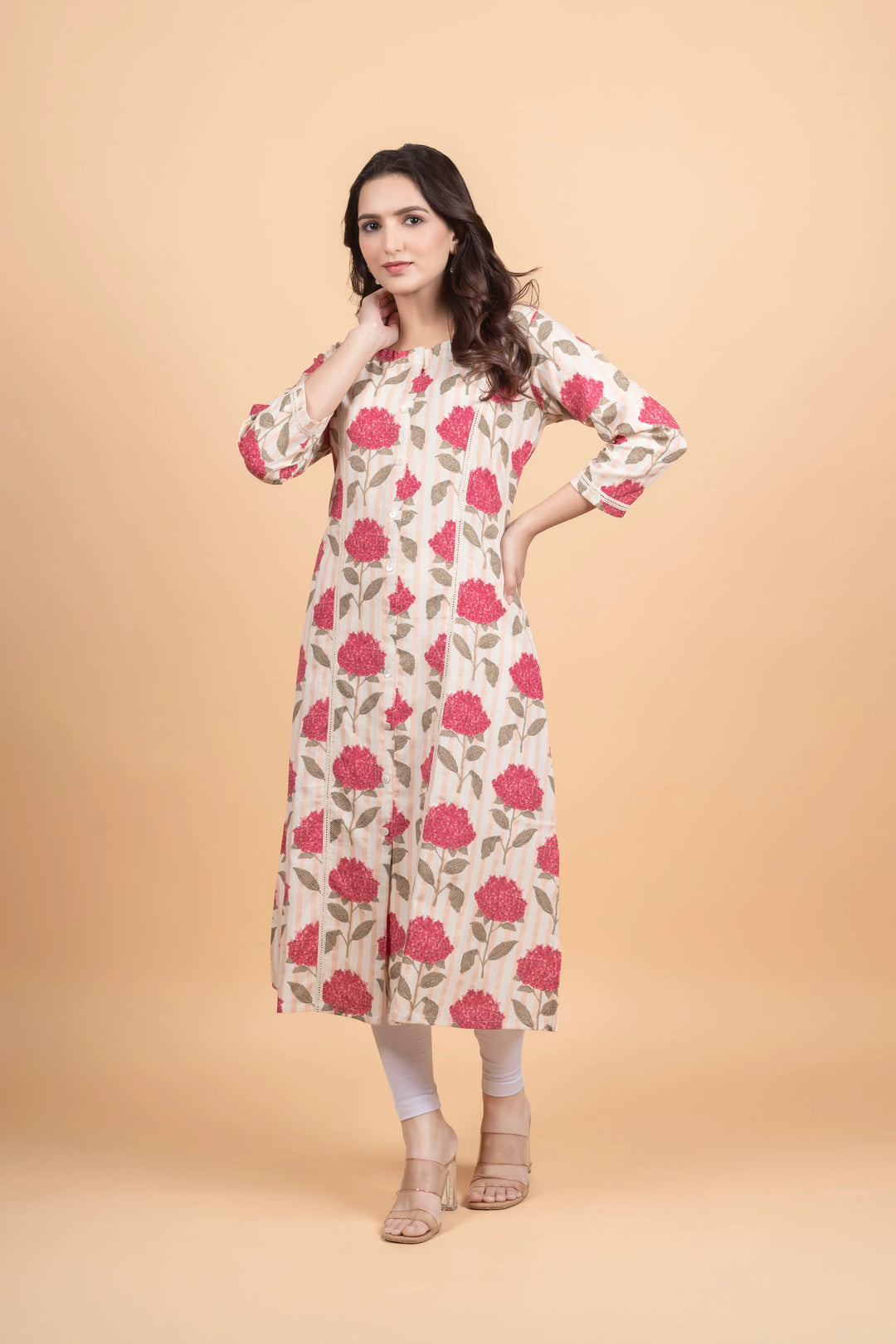 Cream Striped Flower Print Kurti