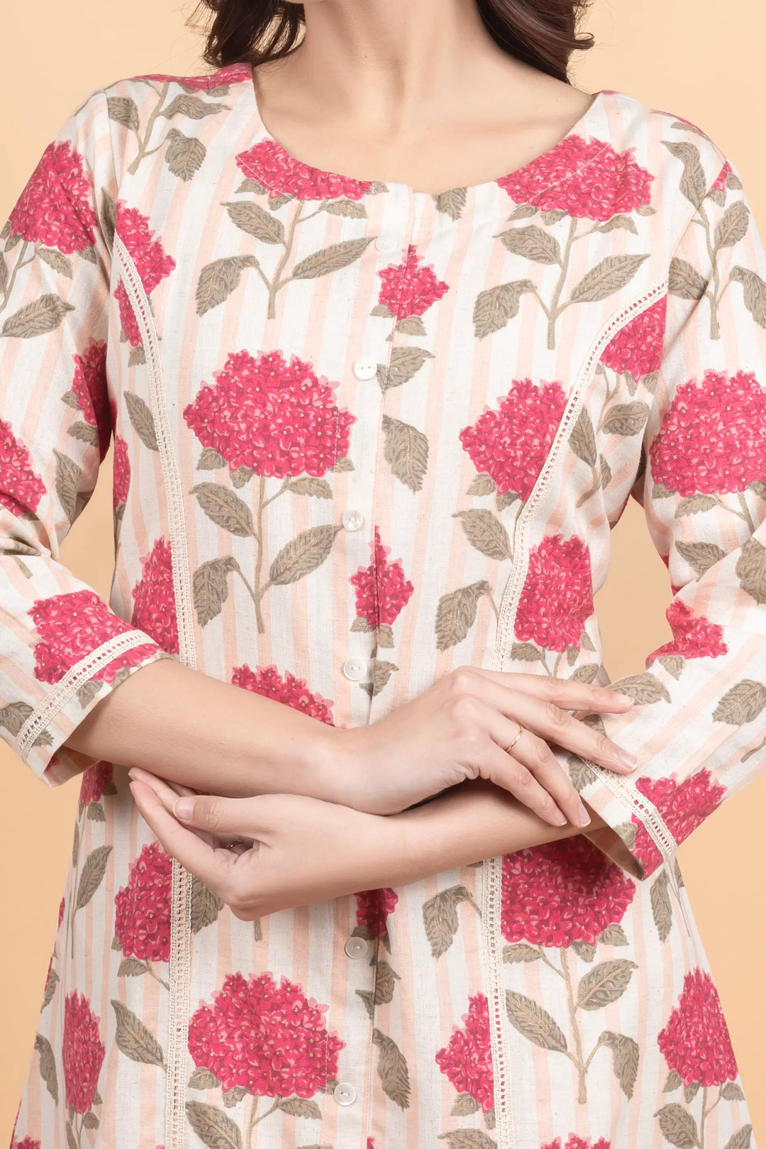 Cream Striped Flower Print Kurti