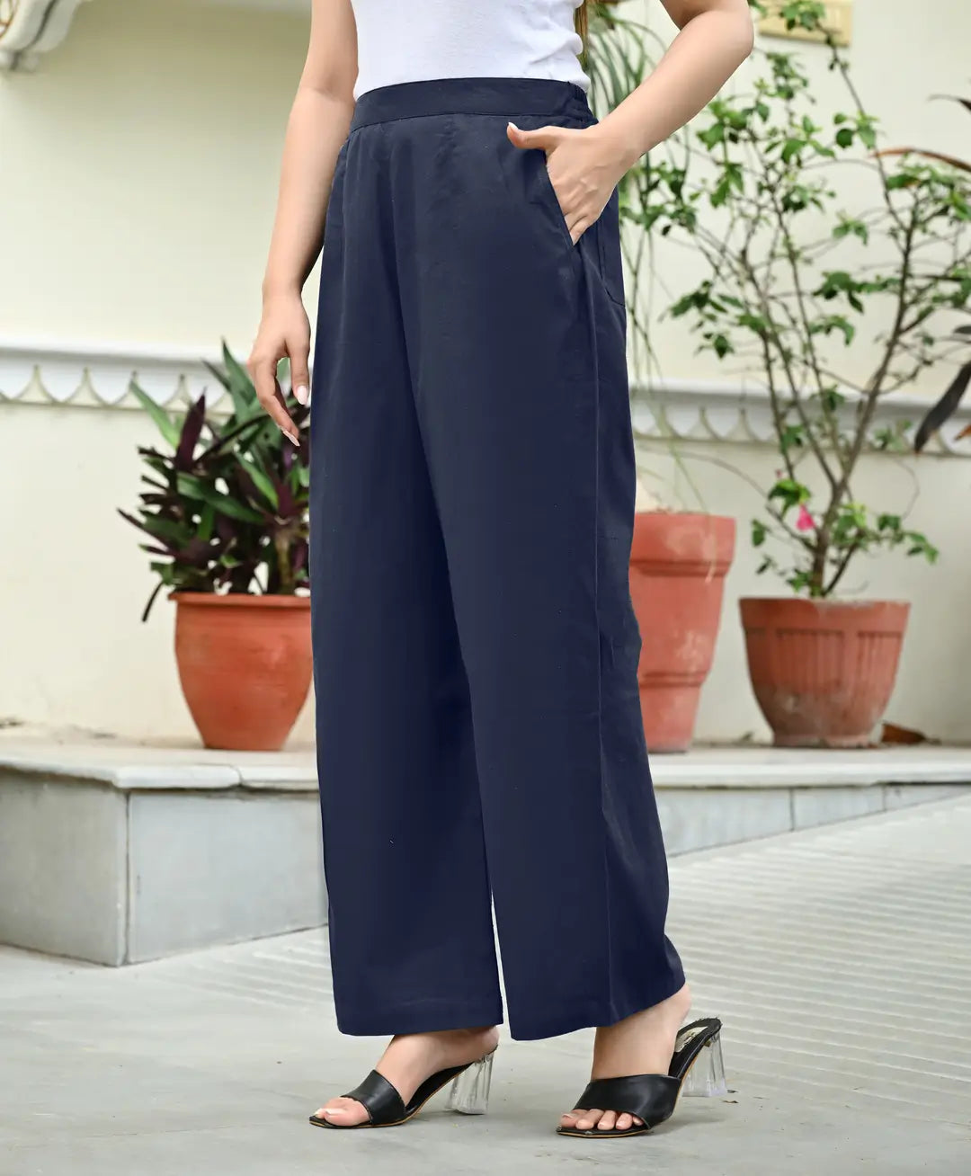 Navi Blue Airy Linen Wide leg Pants