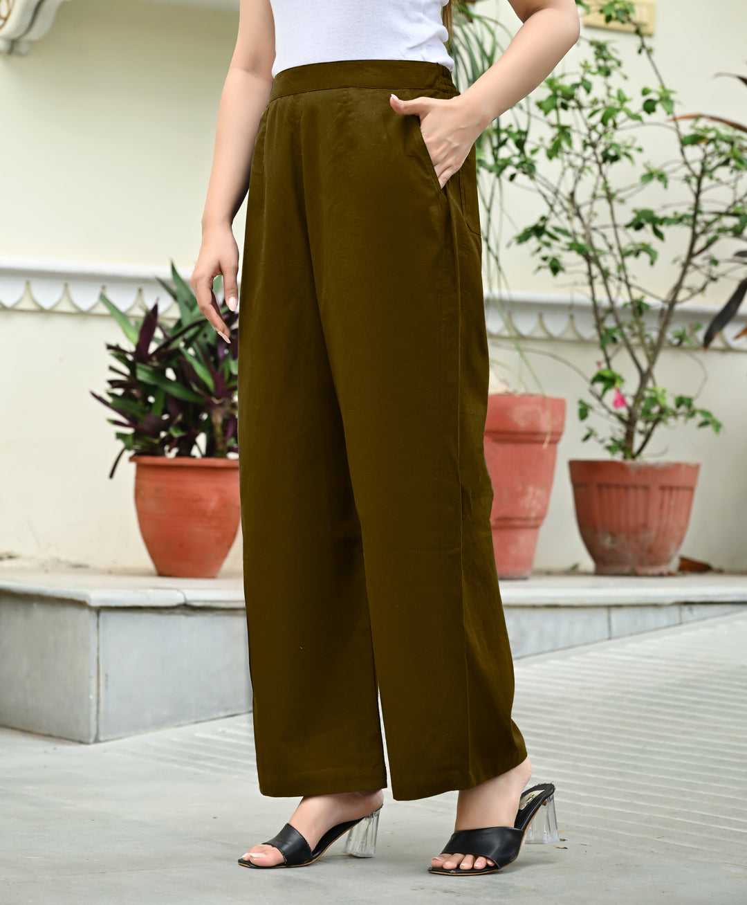 Deeep Olive Airy Linen Wide leg Pants