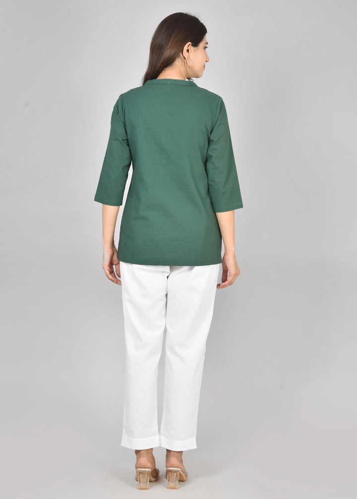 Bottle green airy linen short kurti