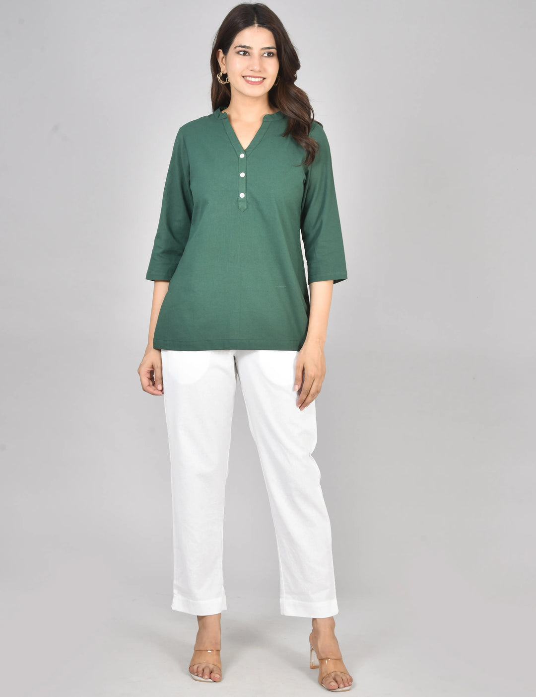 Bottle green airy linen short kurti
