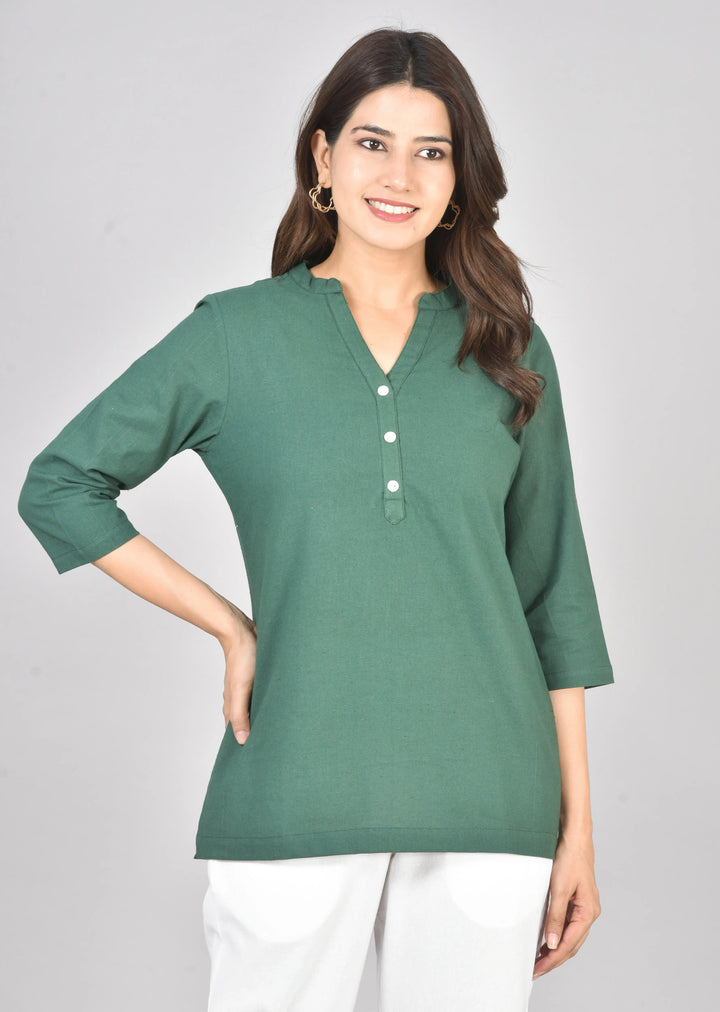Bottle green airy linen short kurti