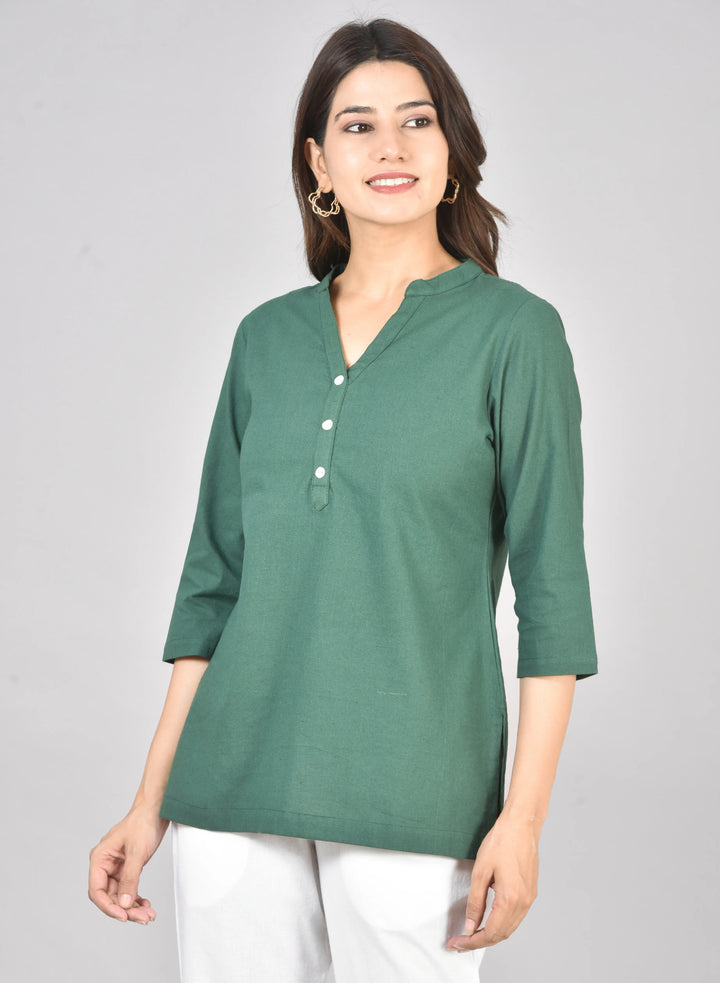 Bottle green airy linen short kurti