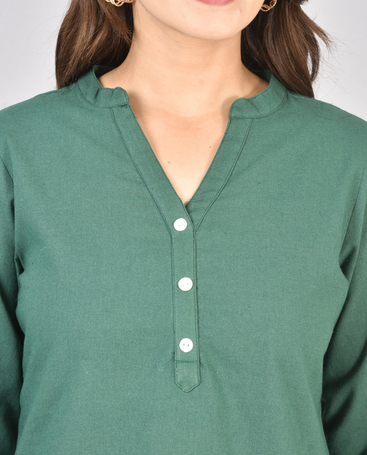 Bottle green airy linen short kurti