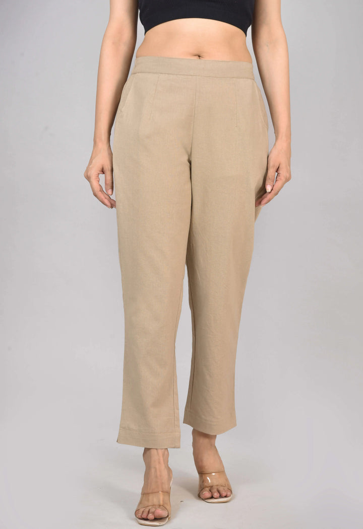 BEIGE SOLID AIRY LINEN PANTS
