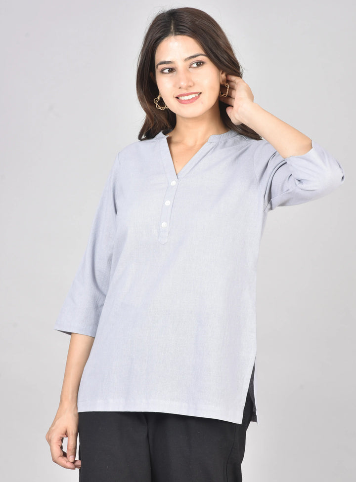 Airy Linen Short Kurti Combo- Lavender Gray & Sky
