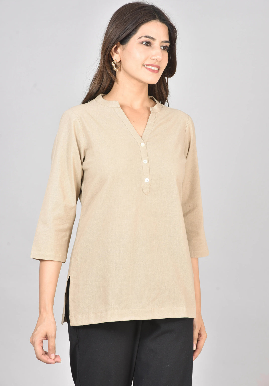 Airy Linen Short Kurti Combo- Beige & Peach