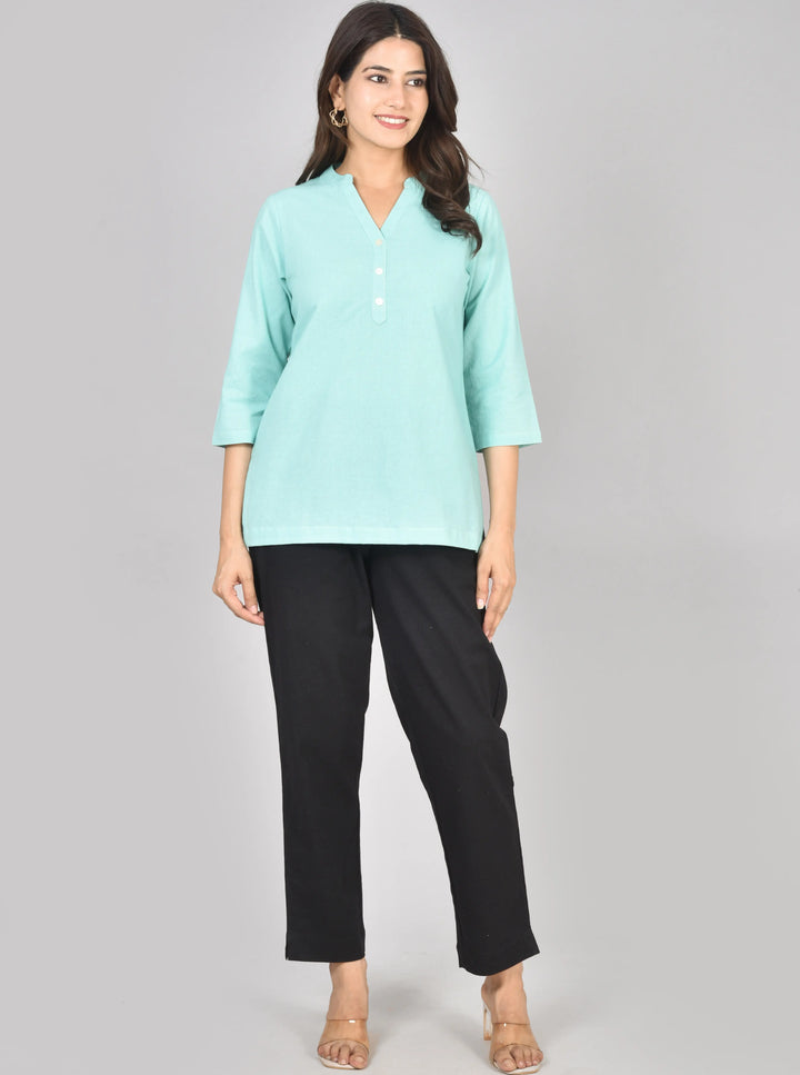 Turquoise airy linen short kurti