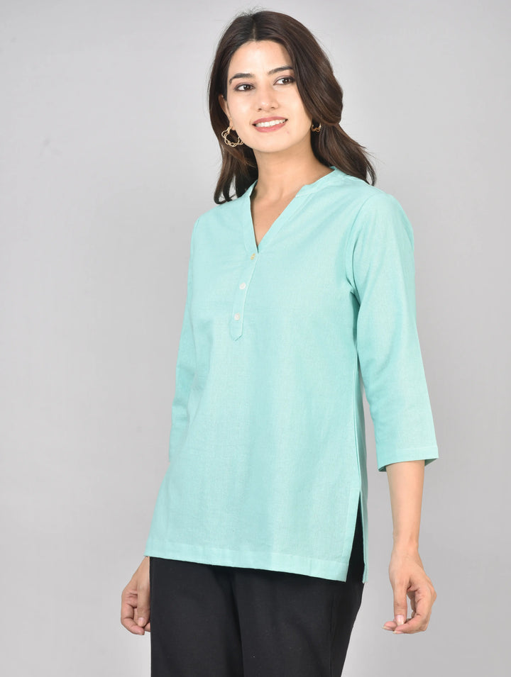 Turquoise airy linen short kurti