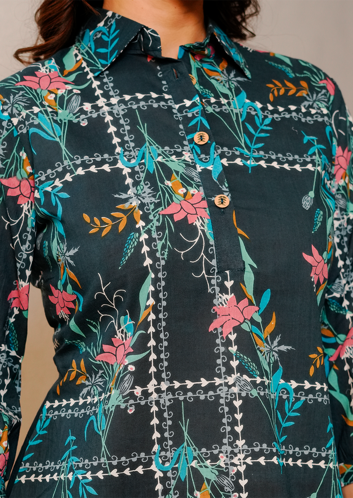 Blue geometric floral print cotton co-ord set