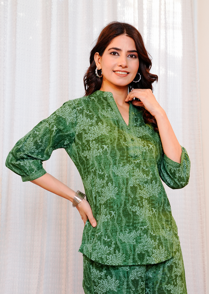 Green floral texture print cotton co-ord set