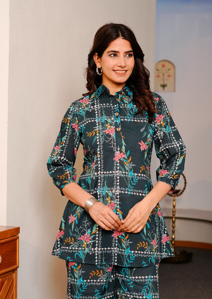 Blue geometric floral print cotton co-ord set