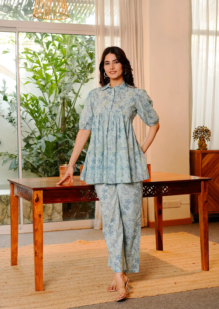 Blue Peacock Printed Co-ords Set