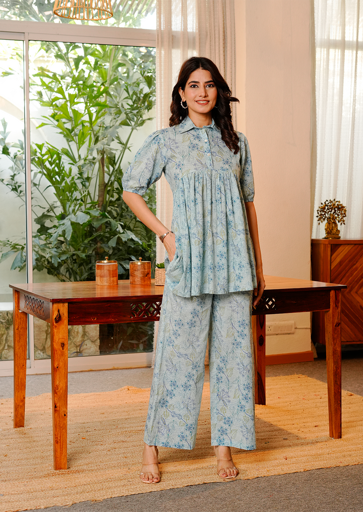 Blue Peacock Printed Co-ords Set