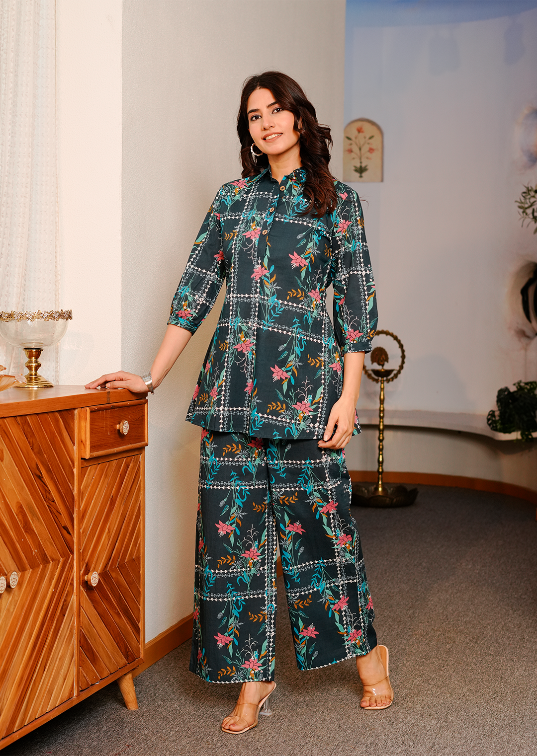 Blue geometric floral print cotton co-ord set