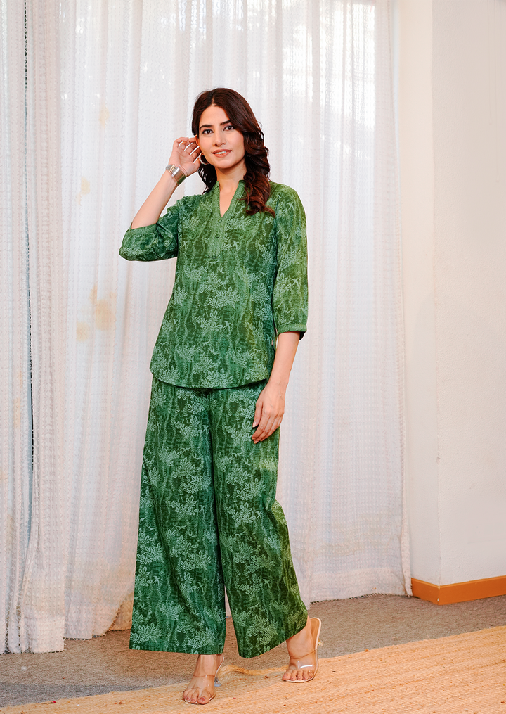 Green floral texture print cotton co-ord set