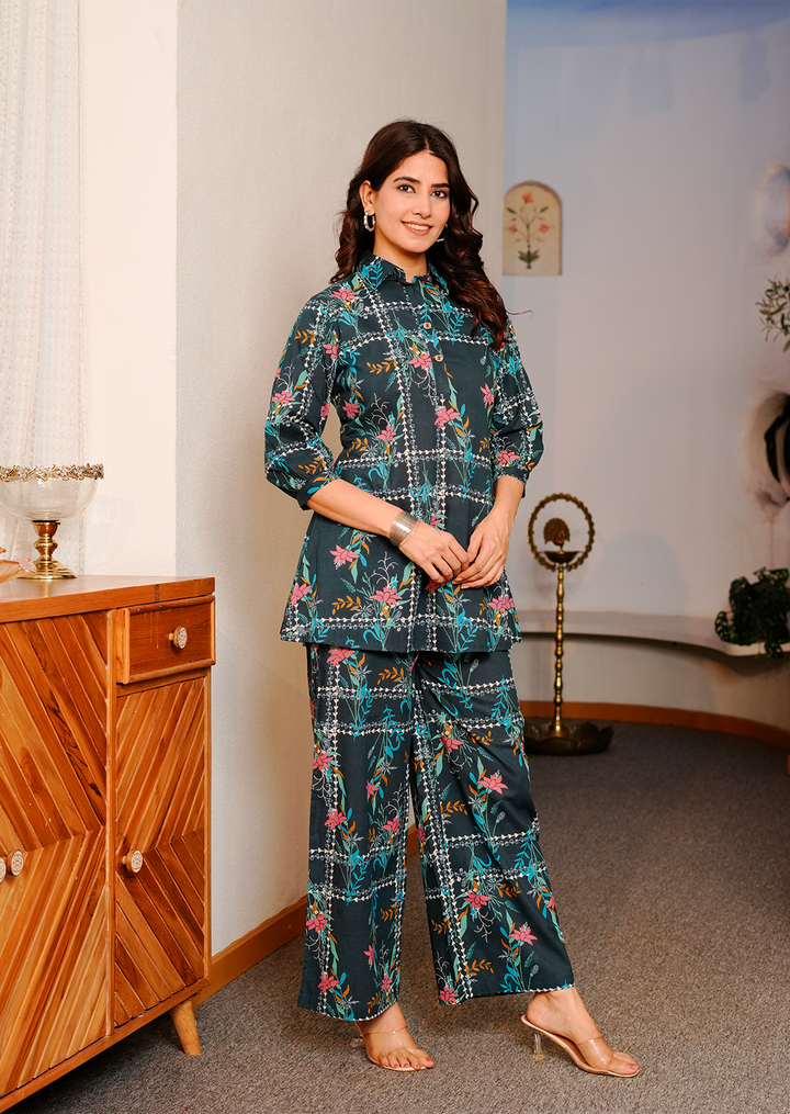 Blue geometric floral print cotton co-ord set