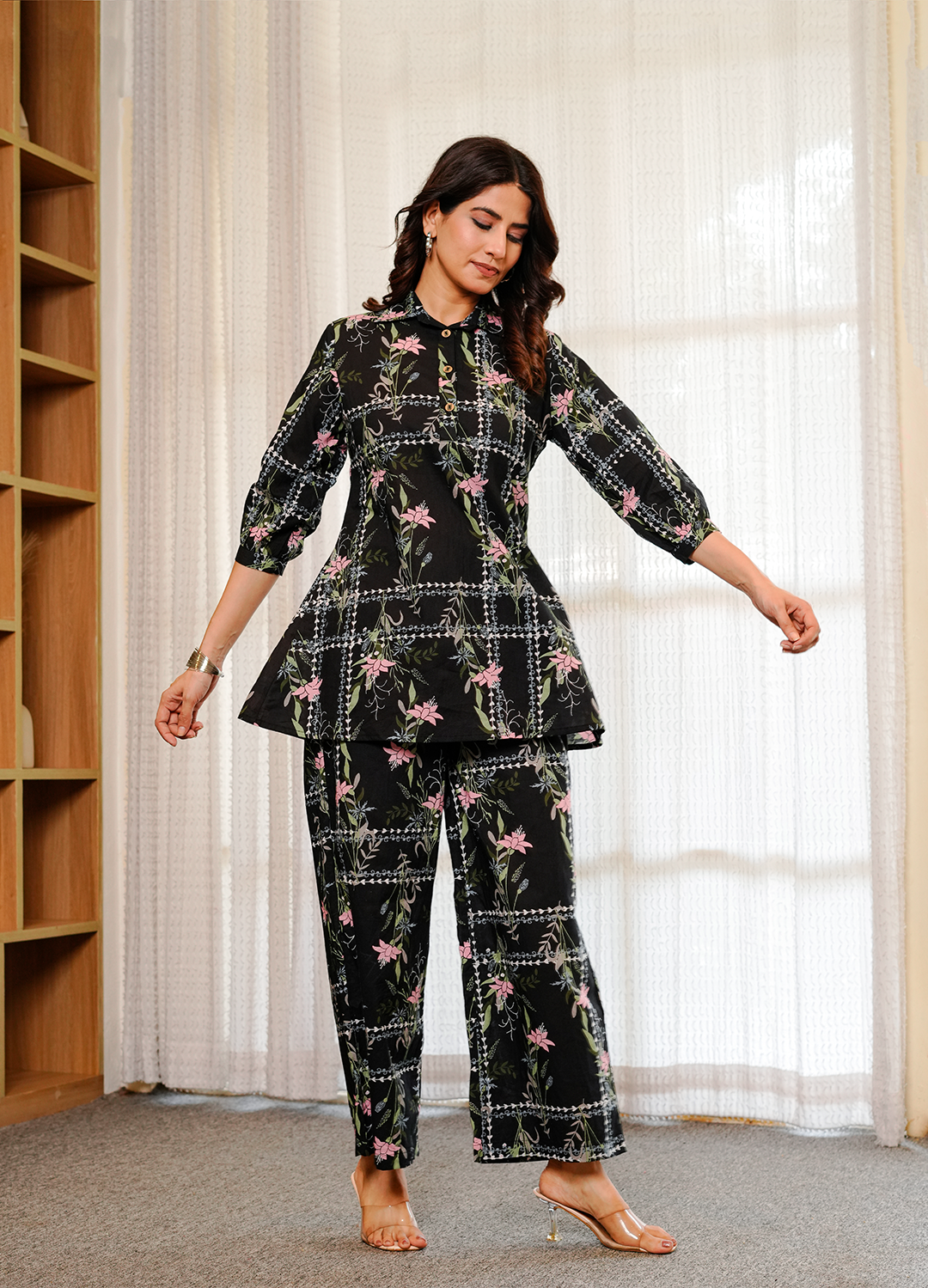 Black geometric floral print cotton co-ord set