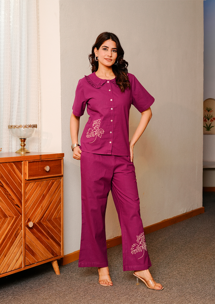 Wine Embroidered Co-ord Set