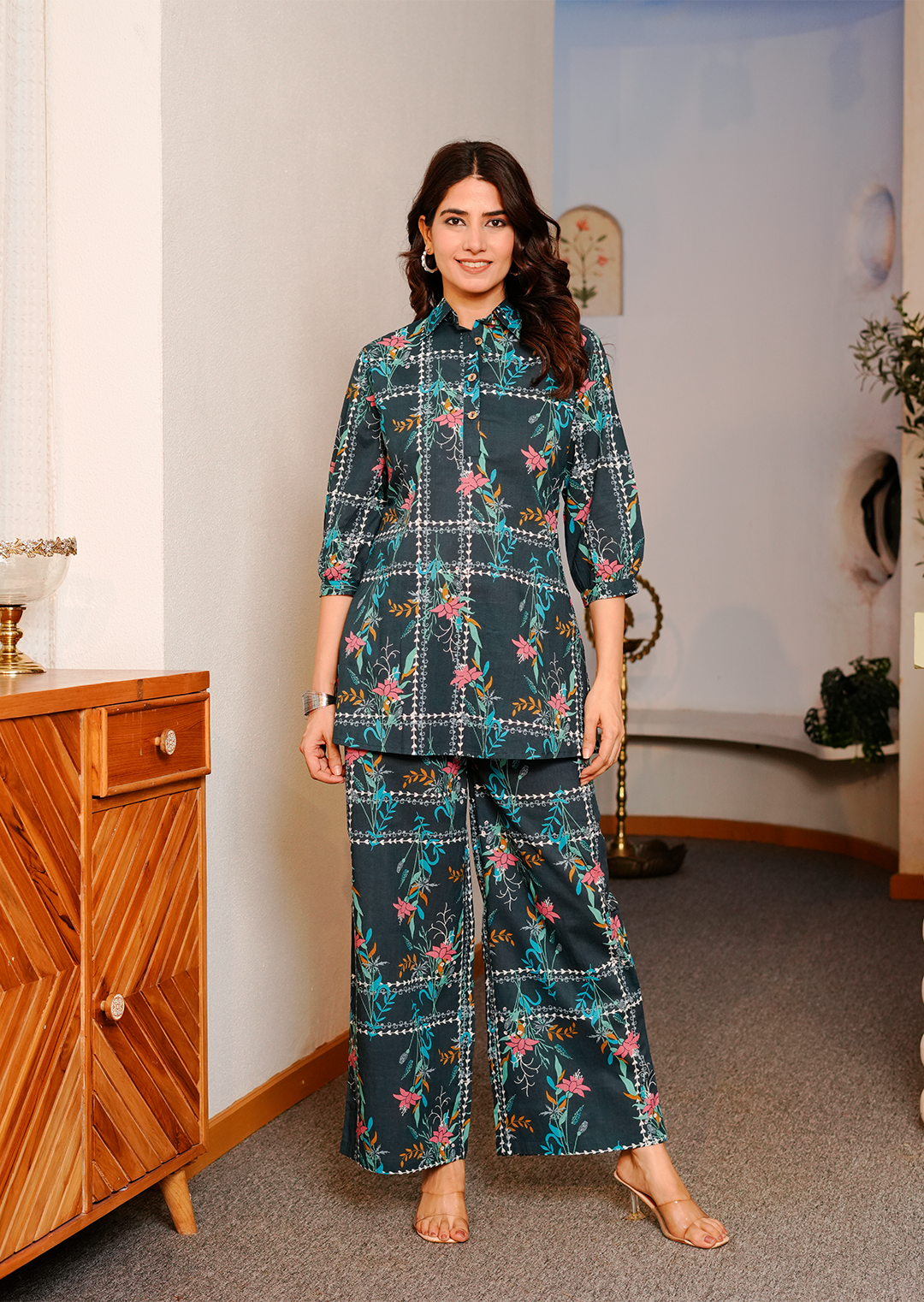 Blue geometric floral print cotton co-ord set