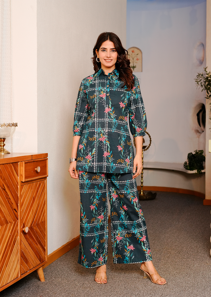 Blue geometric floral print cotton co-ord set