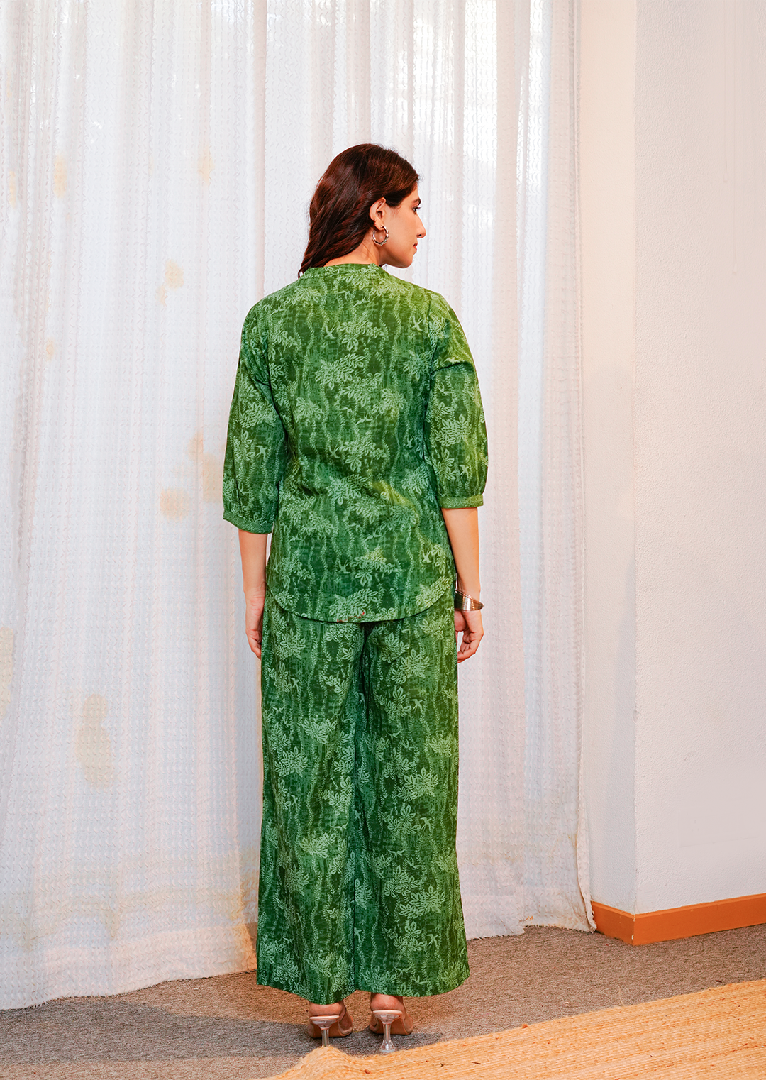 Green floral texture print cotton co-ord set