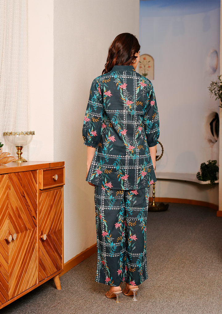 Blue geometric floral print cotton co-ord set