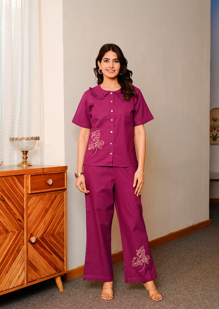Wine Embroidered Co-ord Set