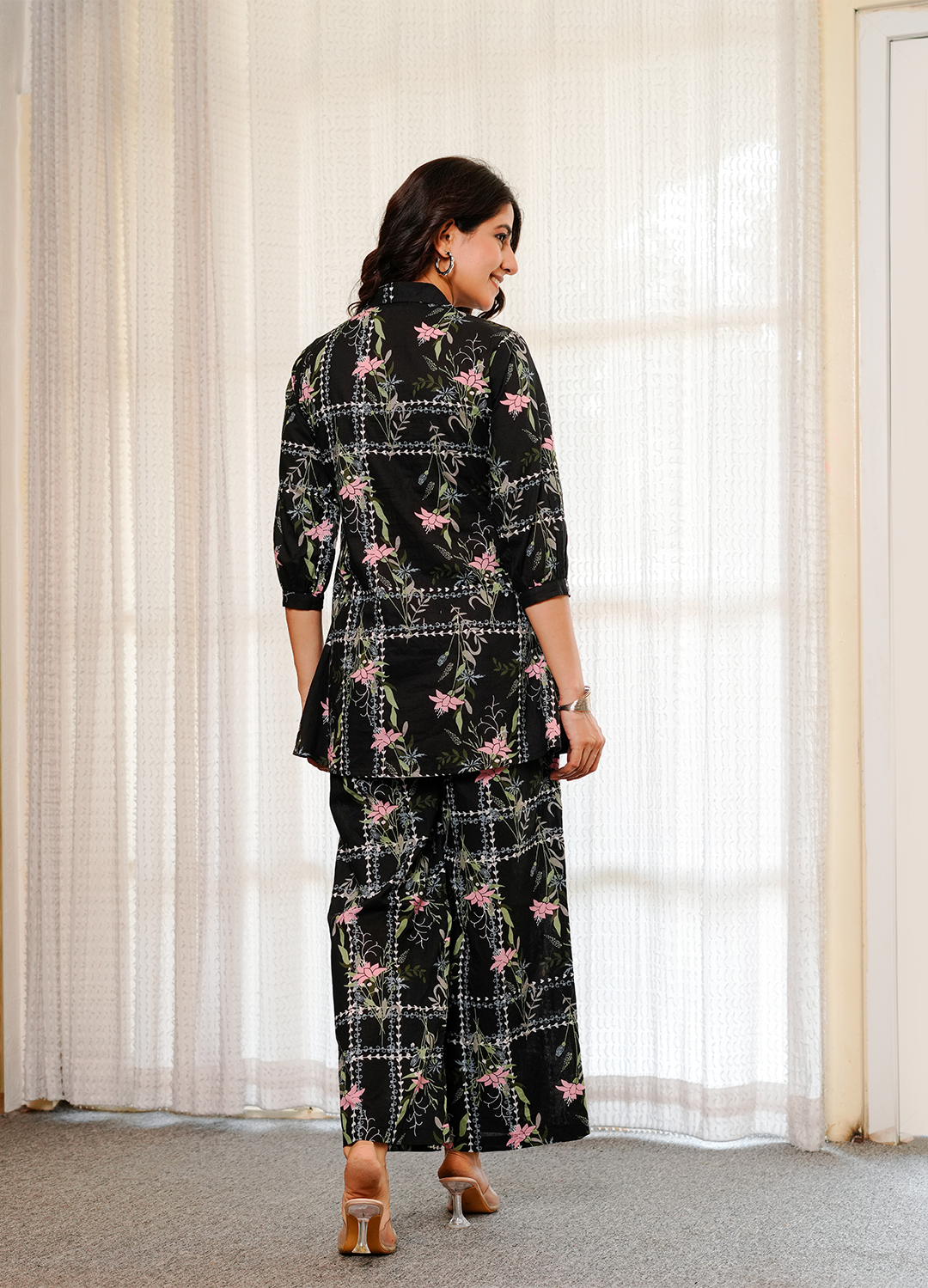 Black geometric floral print cotton co-ord set