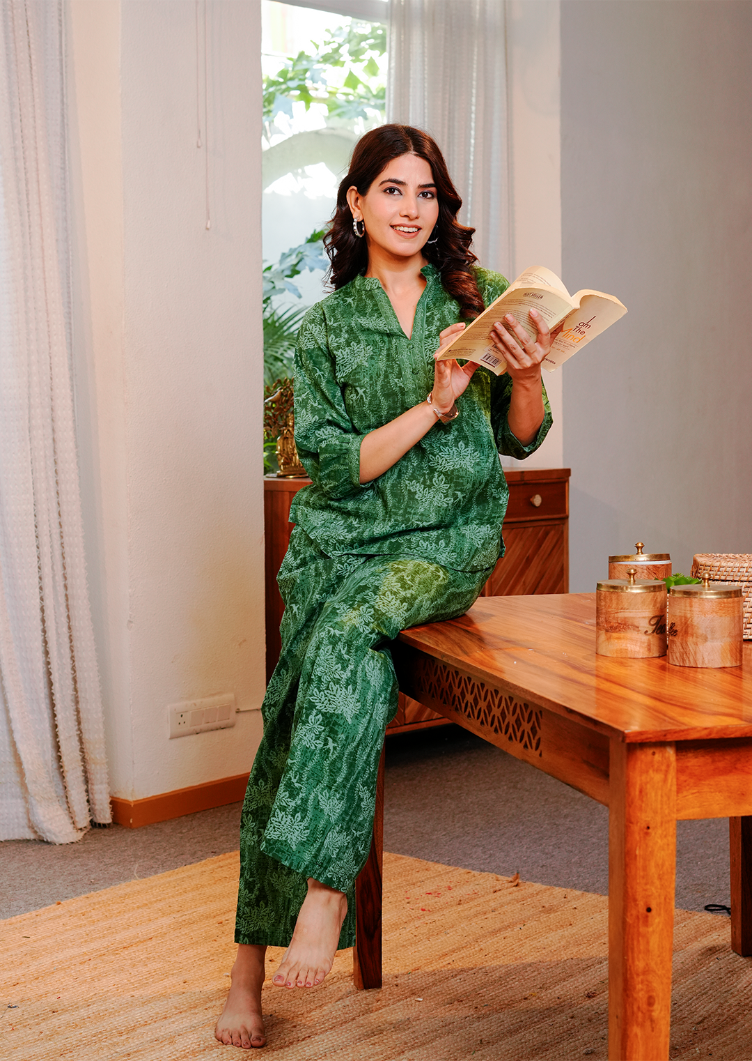 Green floral texture print cotton co-ord set