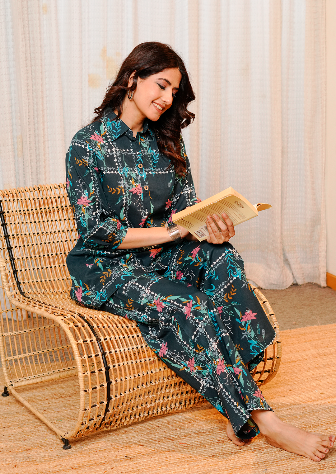 Blue geometric floral print cotton co-ord set