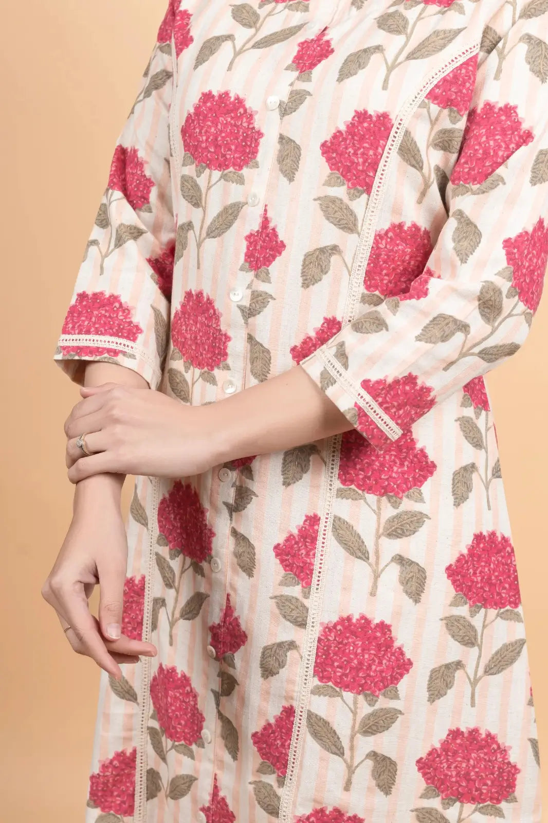 Cream Striped Flower Print Kurti