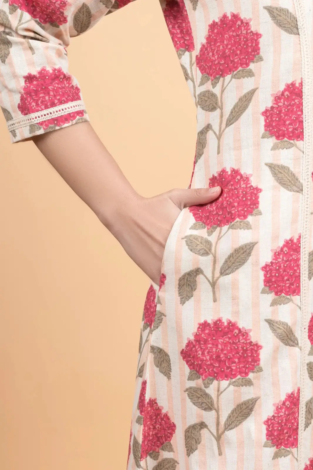 Cream Striped Flower Print Kurti