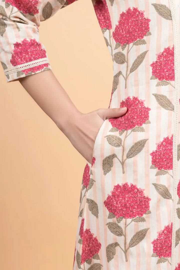 Cream Striped Flower Print Kurti