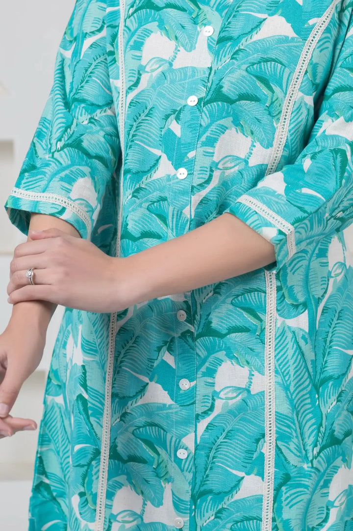 Sea Green Palm Print  Kurti
