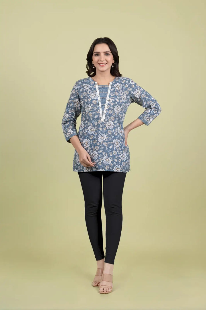 Grey Gold Print Straight Kurti