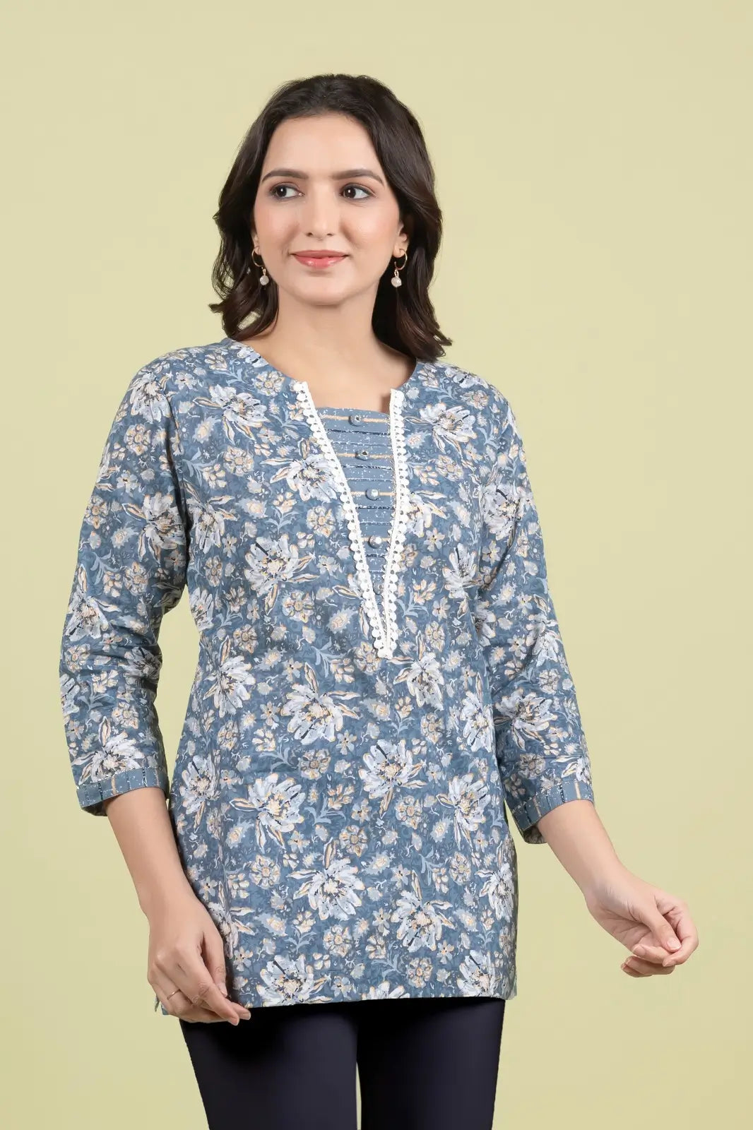 Grey Gold Print Straight Kurti